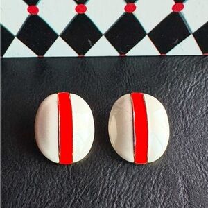 VTG Retro Pierced Earrings 1-1/4”L Oval White Red Stripes Enamel Goldtone